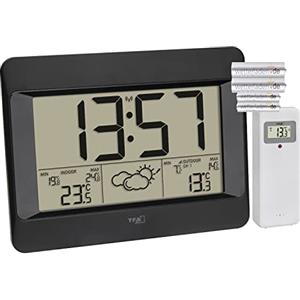 TFA Dostmann Stazione meteo radio Zeno, 35.1163.01, orologio da parete digitale radio con previsioni meteo, temperatura interna ed esterna, sveglia con snooze, nero