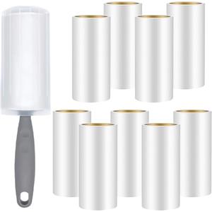 Omtofo Spazzola Levapelucchi 9 Rotoli + 1 Manico + 1 Parapolvere, 540 Fogli Rullo Adesivo Togli Peli Animali, Rullo Levapelucchi per Vestiti, Capelli, Pelo di Cane, Pelo di Gatto, 60 Fogli/Rotoli