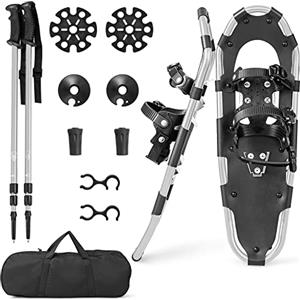 COSTWAY Ciaspole da Neve 4 in 1 per Uomini, Donne e Ragazzi per Scarpe 35-45 in Alluminio con Sistema di Perno Flessibile Doppio, Bastoncini Regolabili e Borsa, Adatte per 30-130 kg (Argento, 78 cm)