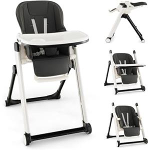 COSTWAY Seggiolone Pieghevole per Neonati, Seggiolone Pappa per Bambini con Schienale Reclinabile, Altezza Regolabile, Cintura di Sicurezza a 5 Punti, Vassoi Staccabili