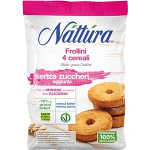 NATTURA Frollini 4 Cereali Senza Zuccheri, Biscotti Senza Latte e Uova, con il -70% di Grassi Saturi, Prodotto Vegano Senza Olio di Palma per un Minore Aumento della Glicemia, 200 gr