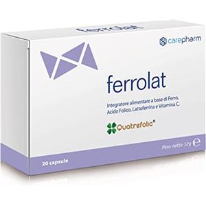 Carepharm, Ferrolat, 20 Capsule di Integratore Alimentare a Base di Ferro, Lattoferrina, Folato e Vitamina C, Contribuiscono alla Normale Funzione del Sistema Immunitario, Senza Glutine, 12 g