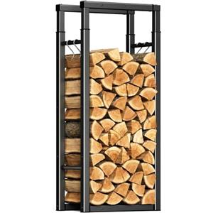 VOUNOT® Legnaia da Esterno in Metallo, Ripiano per Legna da Ardere, Portalegna con Ganci, 65 x 25 x 150 cm, Nero