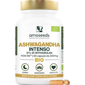 Amoseeds Ashwagandha BIO KSM-66™ | Alto Dosaggio: 5% di withanolidi | 60 capsule da 500mg | Antistress, Sonno, Energia, Benessere | Qualità Superiore