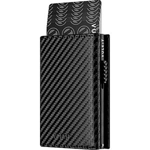 VULKIT Porta Carte di Credito Bloccante RFID Portafoglio di Carte Pop Up in Vera Pelle con Scomparto per Banconote, Finestra di Identificazione, Tasca per Monete e Chiusura Magnetica, Fibra di