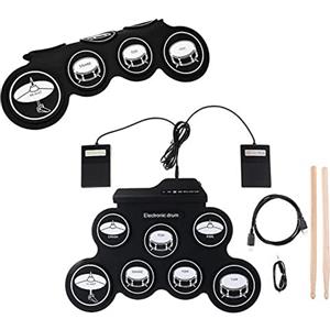 Agatige Batteria Elettrica Set 7 Pad Batteria Portatile Arrotolabile Gioco MIdi USB, Speake Integrato 5 Accordature 8 Brani Dimostrativi 3 Ritmi