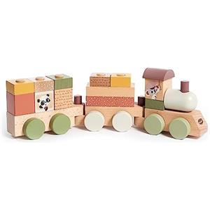 Tiny Love Trenino in Legno Boho Chic - Gioco Creativo con 3 Vagoni e 14 Blocchi Impilabili per Bambini 18 Mesi