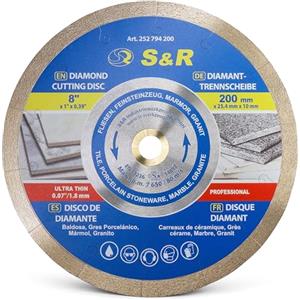 S&R Disco diamantato 200 x 25,4 x 10 mm (1,6 mm extra sottile), disco da taglio per Gres Porcellanato, Piastrelle, Porcellana, Ceramica, Granito, Marmo, per sega da banco e tagliapiastrelle