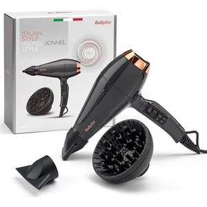 BaByliss Asciugacapelli MADE IN ITALY Air Pro, Motore AC Phon Capelli Professionale, 2200W, Diffusore Capelli Ricci, funzione anti-crespo, 2 velocità - 2 impostazioni di calore, nero, 6719DE