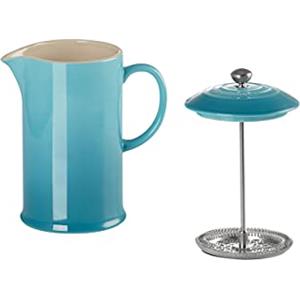 LE CREUSET Coffee Press in gres vetrificato con Pressa in Acciaio Inox, 1 L, Blu Caribe, 91028200490000