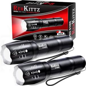 REHKITTZ Torcia Super Luminosa Portatile LED (Confezione da 2), 2000 Lumen Torcia Elettrica, Zoomabile,Formato Tascabile,Impermeabile IP44 e 5 Modalità Di Illuminazione