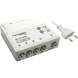 Metronic 414114 Amplificatore TV Vhf/Uhf per Digitale Terrestre con Filtro Lte, Vhf 20Db e Uhf 28Db Regolabili, 1 Ingresso/4 Uscite, da Interno, Bianco