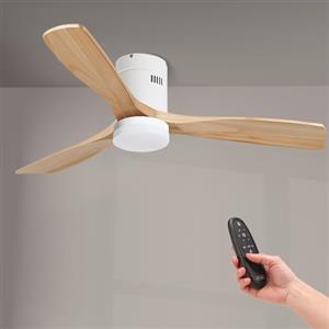 M Ledme - Ventilatore da soffitto Led Energy 58W Bianco, telecomando, motore DC 40W+Luce Led 18W, 6 velocità, Silenzioso, 3 Pale in legno naturale, 132 cm, funzione estate-inverno, timer