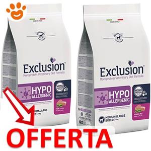 Exclusion Dog Hypoallergenic Adult Medium Large Breed Maiale e Piselli - Offerta [PREZZO A CONFEZIONE] Quantità Minima 2, Sacco Da 12 Kg