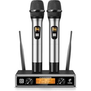 TONOR Microfono radio wireless UHF professionale dinamico doppio microfono senza fili, sistema microfono a mano, set per karaoke, feste, DJ, chiesa, matrimonio, riunione, 60 metri, TW820, Argento