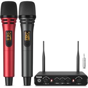 TONOR Microfono Wireless Dinamico, Professionale Sistema di microfoni per Karaoke, UHF Set Mic Senza Fili per DJ, Discorsi, Feste Domestico, Singing, Chiese, Matrimoni, 60M, Grigio&Rosso, TW350