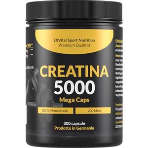 EXVital Creatina 5000 Mega Caps, stimolante per l'allenamento, 5000 mg di creatina monoidrato per dose giornaliera, 300 capsule, preworkout, Vegano