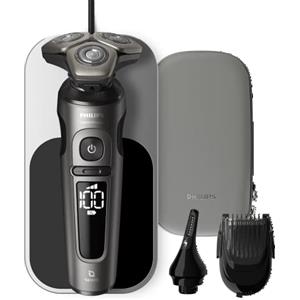 Philips Rasoio elettrico Serie 9000 Prestige, secco e umido, cromo brillante, rasatura Lift & Cut, tecnologia SkinIQ, base di ricarica Qi, regolabarba, rifinitore per il naso (modello SP9871/22)