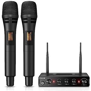 TONOR Microfono Wireless Dinamico, Professionale Sistema di microfoni per Karaoke, UHF Set Mic Senza Fili per DJ, Discorsi, Feste Domestico, Singing, Chiese, Matrimoni, 60M, Nero, TW350