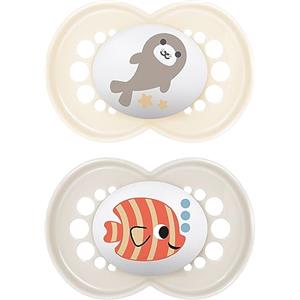 MAM Original Succhietto 6+ Mesi (Set da 2), Ciuccio MAM 6-16 mesi con tettarella ortodontica in caucciù, Kit da 2 accessori neonato con pratico porta ciuccio sterilizzatore, Crema/Neutro