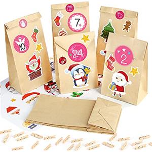 Sprinlot Calendario dell'Avvento, 25 Sacchetti di Carta Kraft con Adesivi Numerici, Calendario dell'Avvento Fai da Te, Avvento Calendario Avvento da Riempire, Calendario di Natale per Bambino