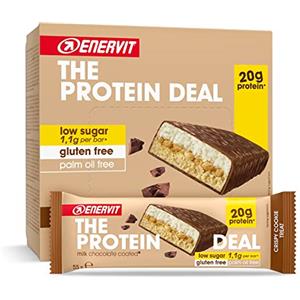 Enervit, The Protein Deal Crispy Cookie Treat, Barrette Proteiche, Gusto Biscotto e Cioccolato al Latte, 20g di Proteine, 1,1g di Zuccheri, Snack Goloso e Salutare, Senza Glutine, 12 Barrette da 55g
