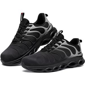 LARNMERN Scarpe Antinfortunistiche Uomo Scarpe Antinfortunistica Moda Traspiranti Leggere con Punta in Acciaio Ammorti Scarpe da Lavoro Comodo (Nero Grigio,41.5EU)
