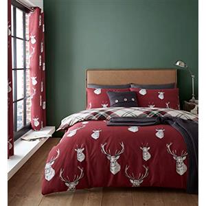 Catherine Lansfield - Set copripiumino Munro Stag Check per letto king, facile manutenzione, rosso, 3 pieces