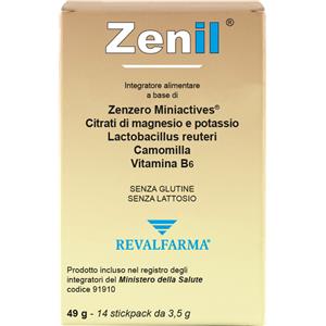 Revalfarma Zenil - Integratore Alimentare con Zenzero, Magnesio, Potassio, Lactobacillus e Camomilla - 14 Bustine da 3,5 g