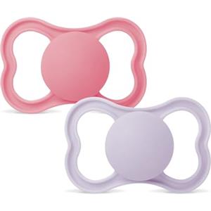 MAM Air Succhietto 6-16 mesi, Set da 2 ciucci, Rosa/Lilla | Con porta ciuccio sterilizzatore portatile, Tettarella ortodontica in silicone SkinSoft, Fori extra-large per pelli sensibili