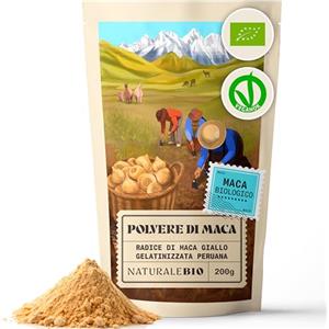 NaturaleBio Maca Peruviana Biologica in Polvere 200g. Naturale e Pura, ideale per Stanchezza - Prodotto in Perù dalla Radice di Maca Bio - Gelatinizzata - NaturaleBio