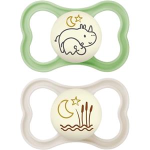 MAM Air Night Succhietto 6-16 Mesi (Set da 2), Ciuccio MAM 6-16 mesi che si illumina al buio per pelli sensibili, Kit da 2 accessori neonato con tettarella in silicone e porta ciuccio, Neutro/Verde