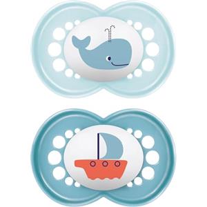 MAM Original Succhietto 16+ Mesi (Set da 2), Ciuccio MAM 16 36 mesi silicone con tettarella ortodontica, Kit da 2 accessori neonato con pratico porta ciuccio sterilizzatore, Azzurro/Blu