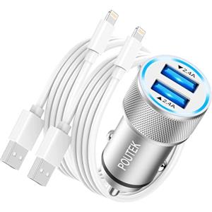 Poutek Caricatore Auto iPhone con 2x Cavo Lightning [Certificato MFi], USB Accendisigari Auto Caricabatterie Auto Cellulare Adattatore Presa Accendisigari USB per iPhone 14 13 12 11 Pro Max/XS/X/8/7/6