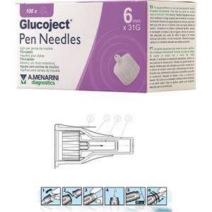 A.Menarini Glucoject Pen Needles 6mm 31G - Aghi Sterili per Penna da Insulina, 100 Pezzi