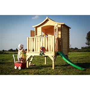 TIMBELA Casetta per bambini in legno con scivolo - Casetta giocattolo per bambini - L175xL146xA212cm/ 1,1m2 - Casetta da gioco da esterno - Casetta da giardino Timbela M550A