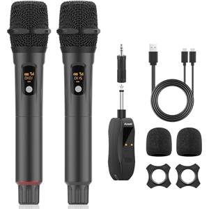 Aveek Microfono Wireless, 2,4 GHz Ricaricabile Dinamici Microfono Palmare Senza fili, per karaoke, Cantare, Festa DJ, Chiesa, Matrimonio, Discorso, 2 Pezzi