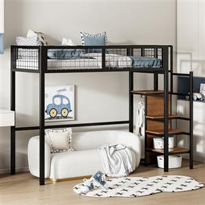 ZYLOYAL10 Letto a soppalco 90 x 200 cm con scala, lettino con telaio in ferro e scaffalatura, armadio (nero)