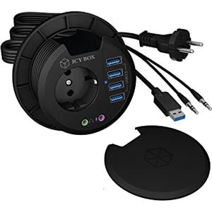 ICY BOX Hub da tavolo USB da incasso, 80 mm, hub USB 3.0, presa audio, presa da tavolo, rotondo, nero