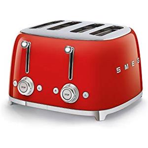 Smeg, Tostapane 4x4 TSF03RDEU, 4 Scomparti per 4 fette, 6 Livelli di Doratura, Funzione Riscaldamento, Scongelamento e Bagel, Espulsione Automatica del Pane, 2 Cassetti Raccoglibriciole, 2000W, Rosso