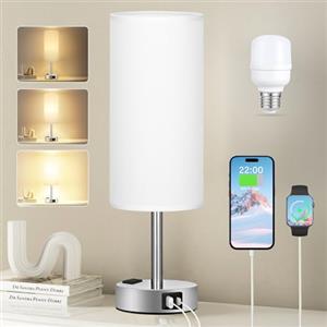 kakanuo Lampada da Comodino Touch Dimmerabile, Lampada da Tavolo con Porte USB-C+A+Presa, Paralume Bianco Base Argento, Abat Jour da Comodino per Camera da Letto Soggiorno Ufficio(Lampadina Inclusa)