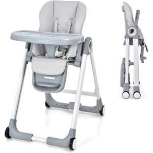 RELAX4LIFE Seggiolone Pappa per Bambini, Seggiolone Regolabile e Pieghevole con 4 Ruote, Vassoio Staccabile e Cinture di Sicurezza, Chiusura Compatta, per Bambini da 6 Mesi a 3 Anni Fino a 15KG