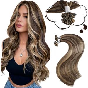 Moresoo Extension Capelli Veri Cheratina Marrone Meche Extension Cheratina Capelli Veri Marrone Scuro con Biondo Cavamello #P4/27 35 cm 40g 50 Ciocche