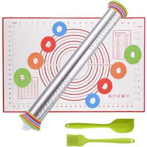 feixia Mattarello Antiaderente da 17 '' in Acciaio Inossidabile con Anelli di Spessore Regolabile per Biscotti da Forno Chapati Pasta Fondente, per Pizza, Crosta di Torta