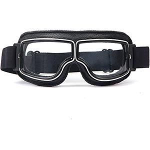LEAGUE&CO Occhiali da Moto/Aviatore/Motocross/Casco Vintage Classico PU Pelle Nero, Lenti Trasparente