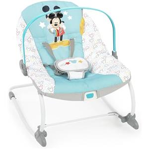 Bright Starts Disney Baby Sdraietta Mickey Mouse Original Bestie, Sedia con Vibrazioni Rilassanti, Arco di Gioco Rimovibile, 2 Giocattoli, Blu, Neonato 0-30 Mesi Fino a 18 Kg