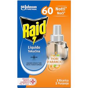 Raid Liquido Elettrico Antizanzare Comuni e Tigre, Ricarica, Fragranza Fiori d'Arancio, 1 Confezione da 1 Ricarica da 36ml, 60 Notti