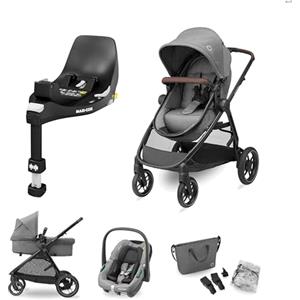 Maxi-Cosi Pack Zelia S Trio Passeggino 3 in 1, FamilyFix 360 base ISOFIX Girevole - Sistema di Viaggio con CabrioFix S i-Size, 0-4 anni, fino a 22 kg, Grigio + Base FamilyFix 360, Nero