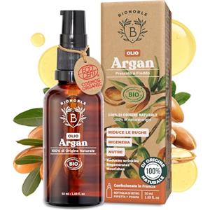 BIONOBLE Olio di Argan Puro Biologico 100% - Pressato a Freddo in Marocco - Ripara, Nutre, Anti-Età - Olio Argan Capelli Ricci, Viso, Corpo - Vegan - Bottiglia di Vetro con Pompa e Pipetta - 50ml