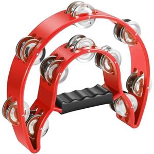 Flexzion - Tamburello in metallo a mezza luna, strumenti musicali a doppia fila con campanelli in metallo, a percussione manuale, con impugnatura ergonomica, tamburelli per adulti e chiesa, rosso